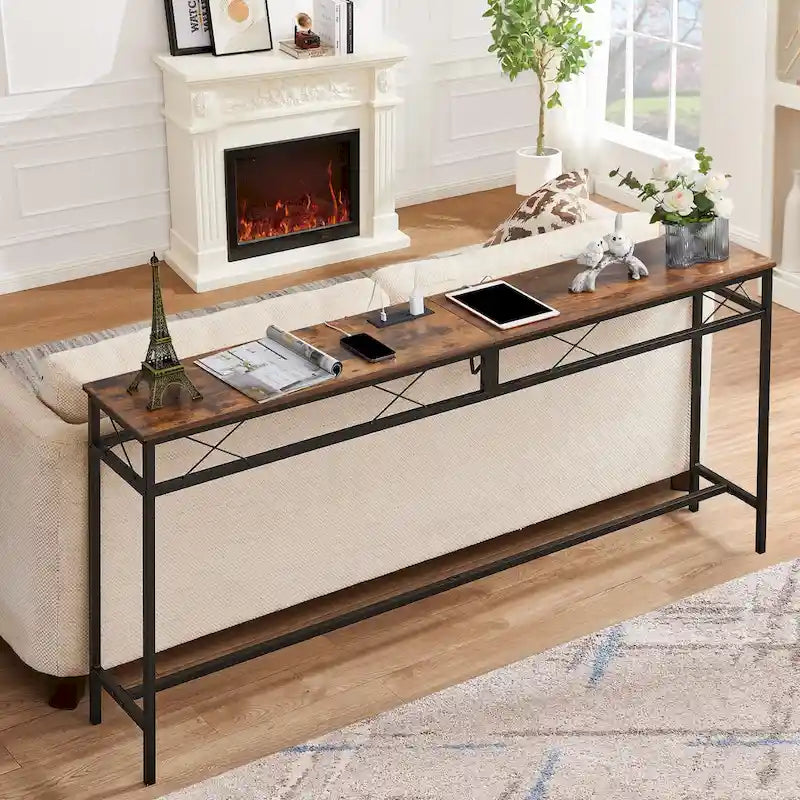 VECELO Industrial Rectangular Wood Console Table with AC Power and USB Charging Ports