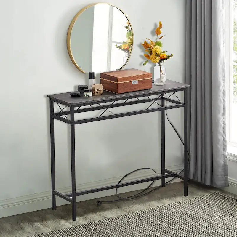 VECELO Industrial Rectangular Wood Console Table with AC Power and USB Charging Ports