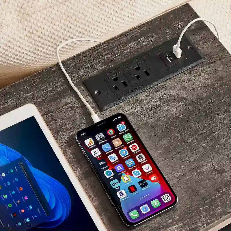 VECELO Industrial Rectangular Wood Console Table with AC Power and USB Charging Ports