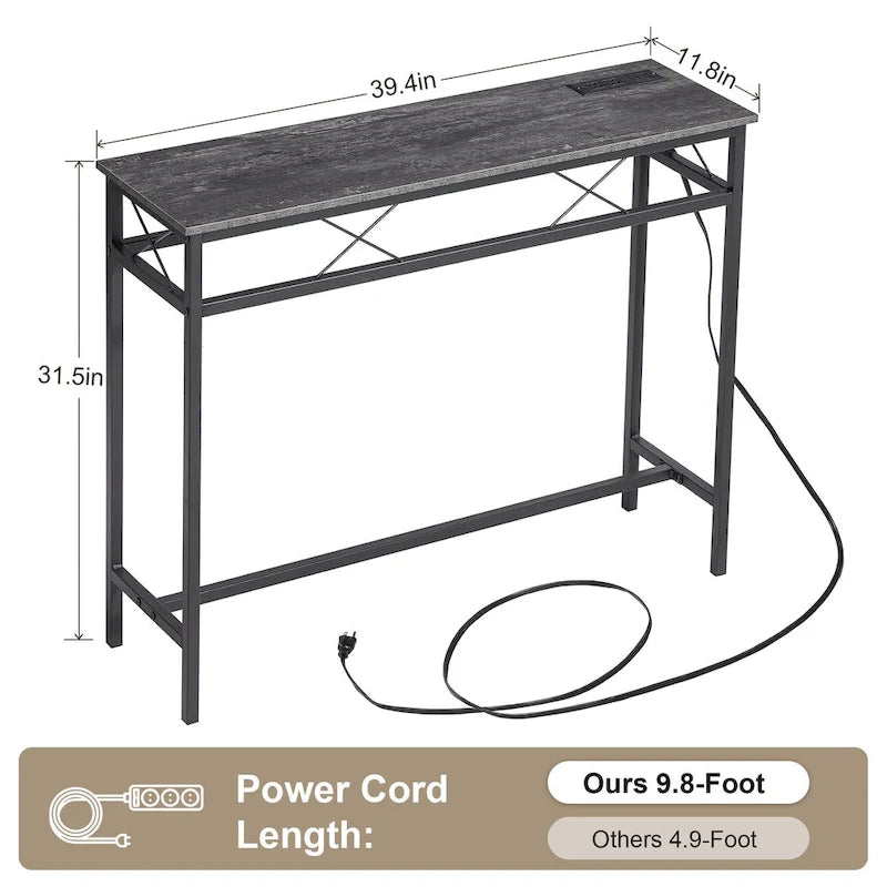 VECELO Industrial Rectangular Wood Console Table with AC Power and USB Charging Ports