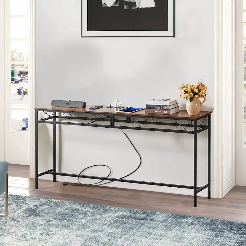 VECELO Industrial Rectangular Wood Console Table with AC Power and USB Charging Ports