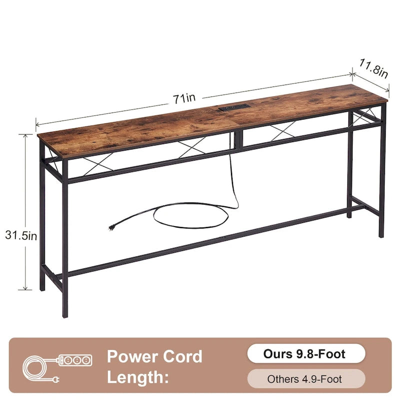 VECELO Industrial Rectangular Wood Console Table with AC Power and USB Charging Ports