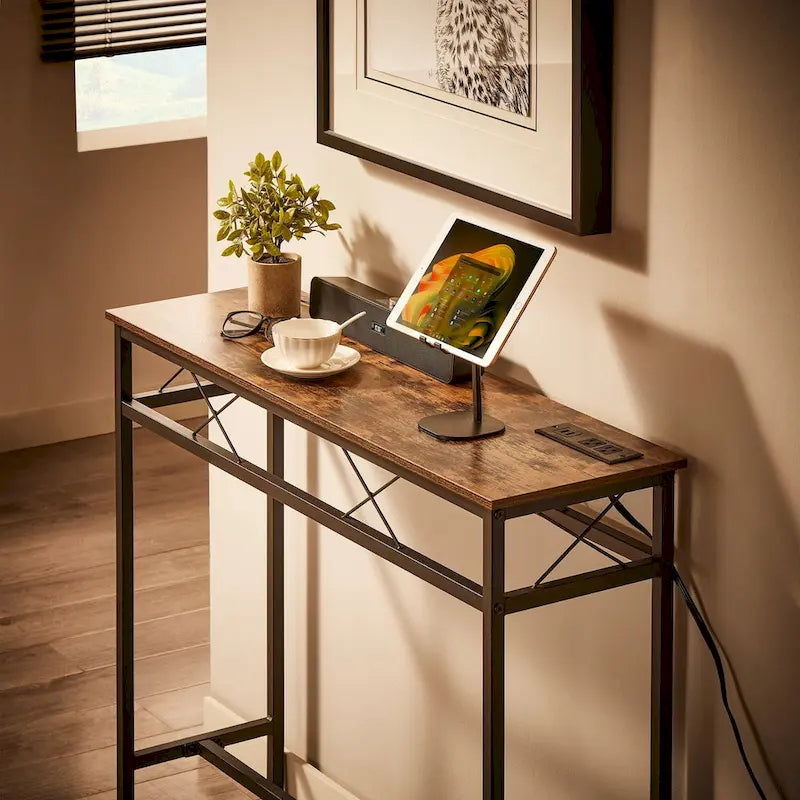 VECELO Industrial Rectangular Wood Console Table with AC Power and USB Charging Ports
