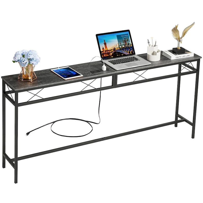 VECELO Industrial Rectangular Wood Console Table with AC Power and USB Charging Ports