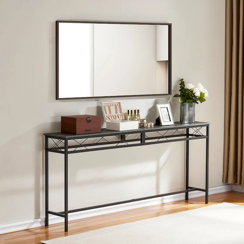 VECELO Industrial Rectangular Wood Console Table with AC Power and USB Charging Ports