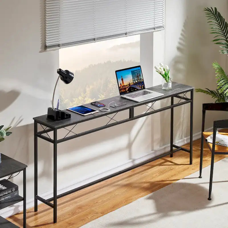 VECELO Industrial Rectangular Wood Console Table with AC Power and USB Charging Ports