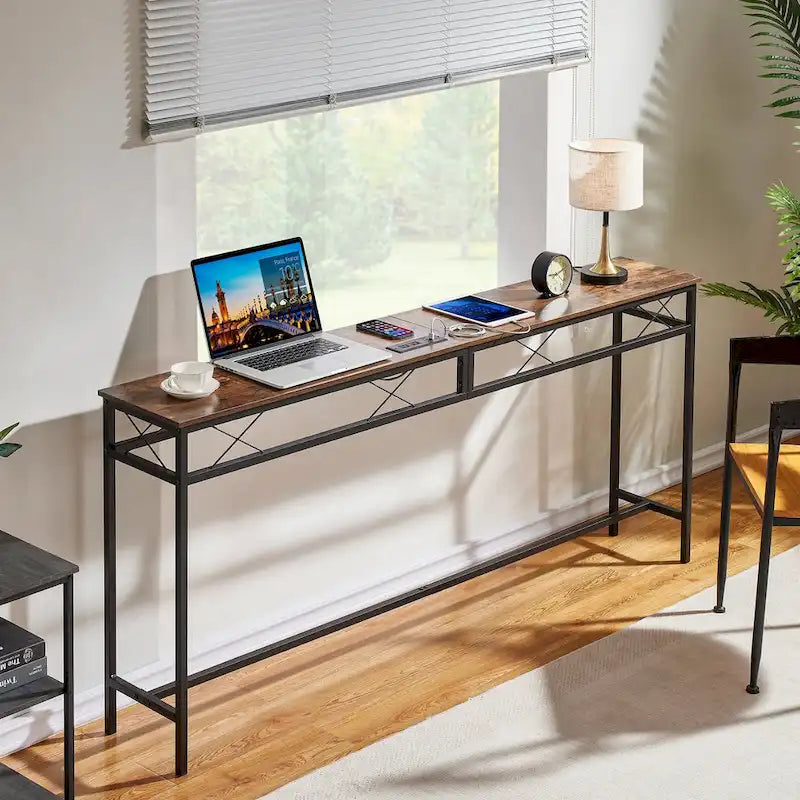 VECELO Industrial Rectangular Wood Console Table with AC Power and USB Charging Ports
