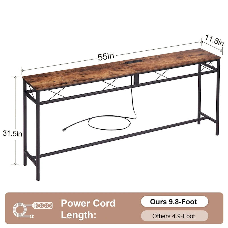 VECELO Industrial Rectangular Wood Console Table with AC Power and USB Charging Ports