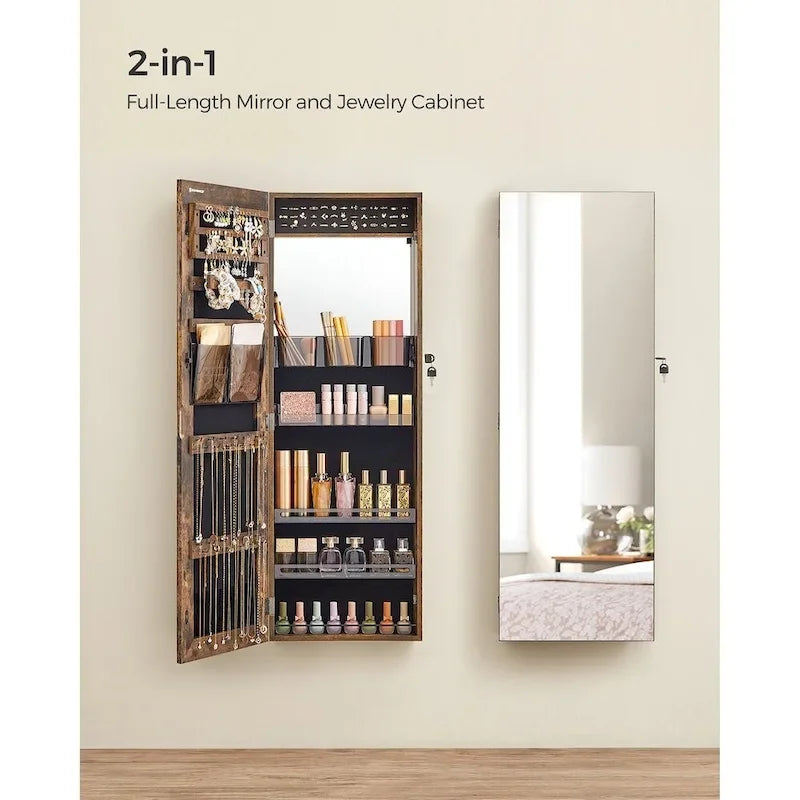 White Wooden Lockable Jewelry Cabinet Armoire with Mirror - 14.8L x 3.8W x 42.5H