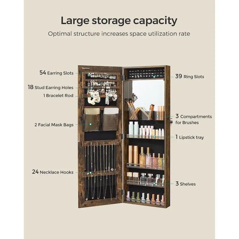 White Wooden Lockable Jewelry Cabinet Armoire with Mirror - 14.8L x 3.8W x 42.5H