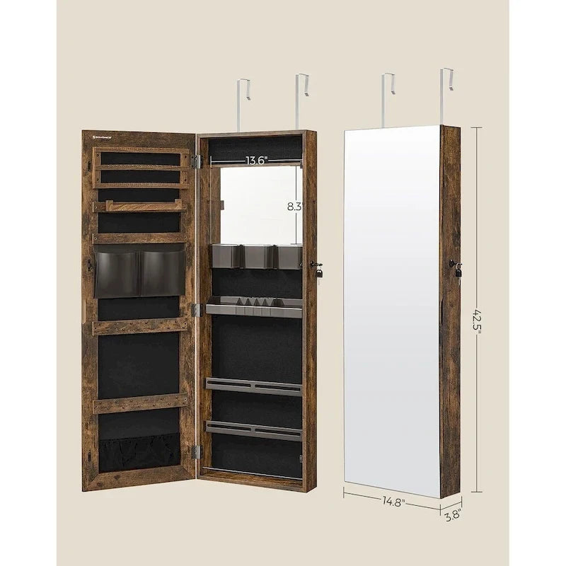 White Wooden Lockable Jewelry Cabinet Armoire with Mirror - 14.8L x 3.8W x 42.5H