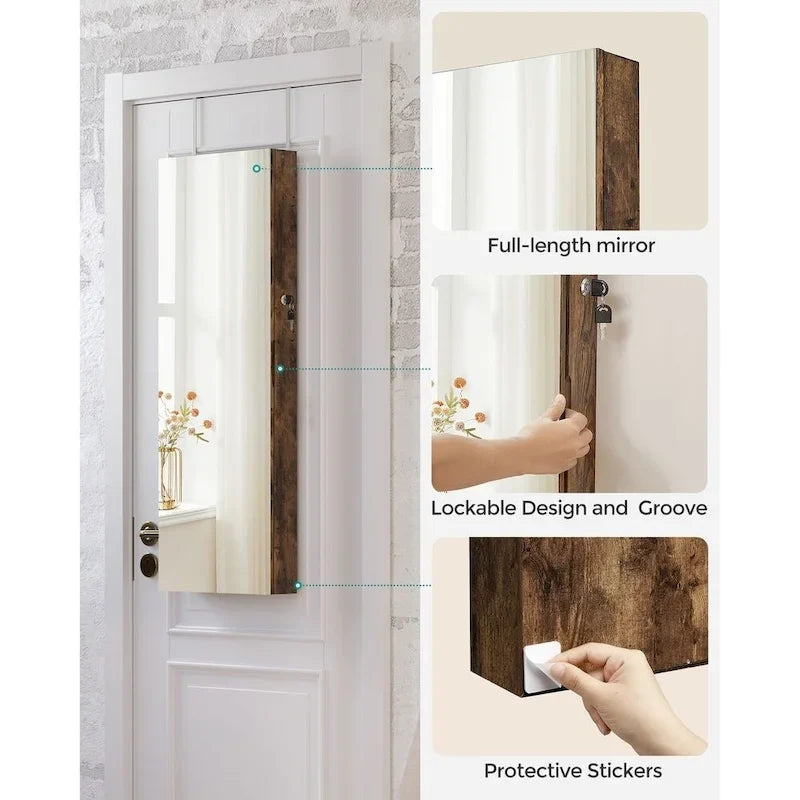 White Wooden Lockable Jewelry Cabinet Armoire with Mirror - 14.8L x 3.8W x 42.5H