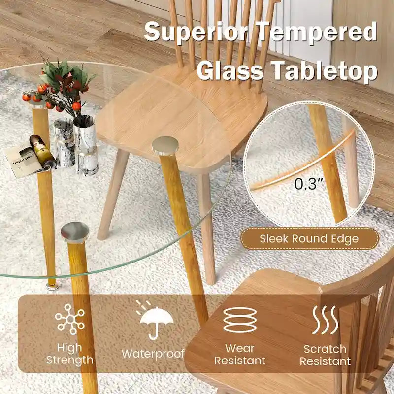Gymax Leisure Coffee Table Round Glass Dining Table w/ Metal Legs