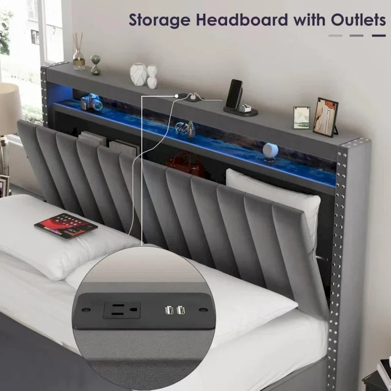 Queen Size Gas Lift Storage Bed with RF LED Lights, Storage Headboard, Queen Size Velvet