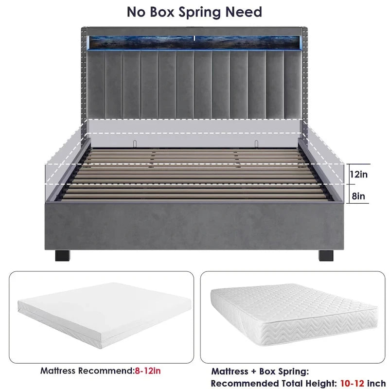 Queen Size Gas Lift Storage Bed with RF LED Lights, Storage Headboard, Queen Size Velvet