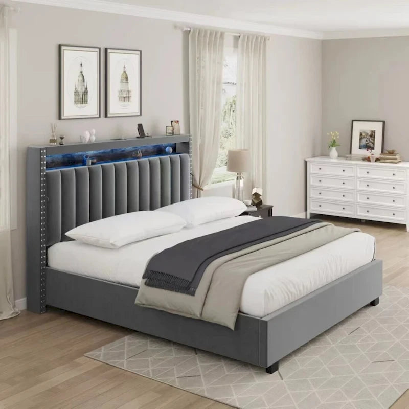 Queen Size Gas Lift Storage Bed with RF LED Lights, Storage Headboard, Queen Size Velvet