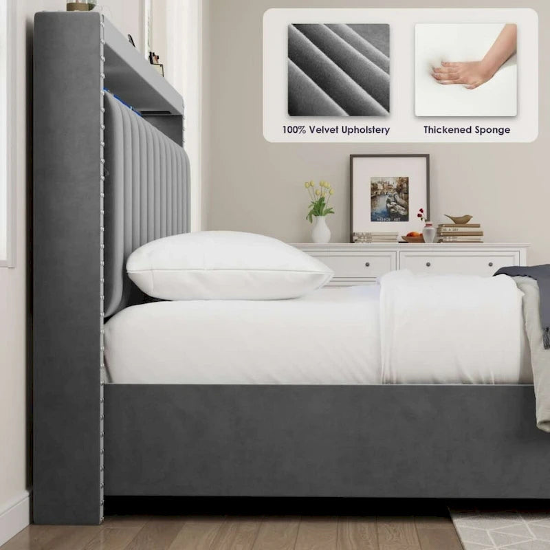 Queen Size Gas Lift Storage Bed with RF LED Lights, Storage Headboard, Queen Size Velvet