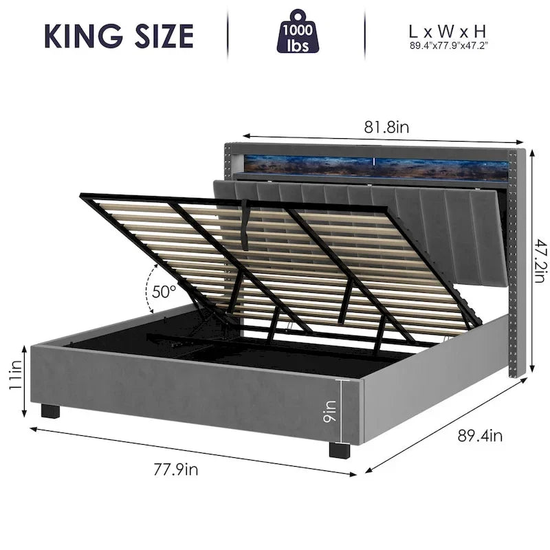 Queen Size Gas Lift Storage Bed with RF LED Lights, Storage Headboard, Queen Size Velvet