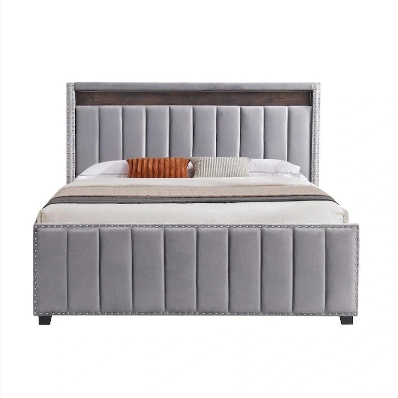 Queen Size Gas Lift Storage Bed with RF LED Lights, Storage Headboard, Queen Size Velvet