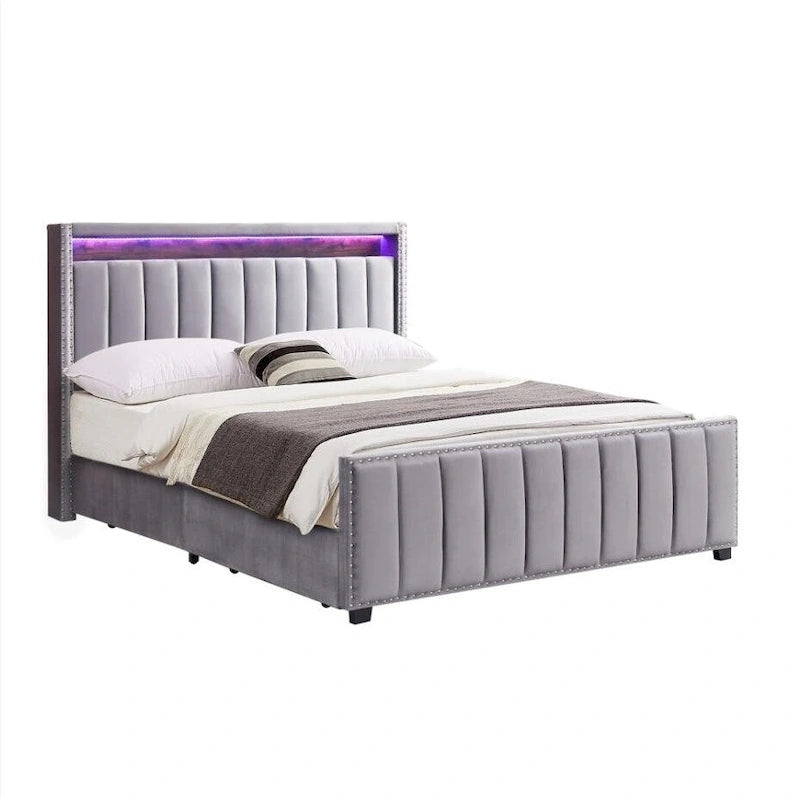 Queen Size Gas Lift Storage Bed with RF LED Lights, Storage Headboard, Queen Size Velvet
