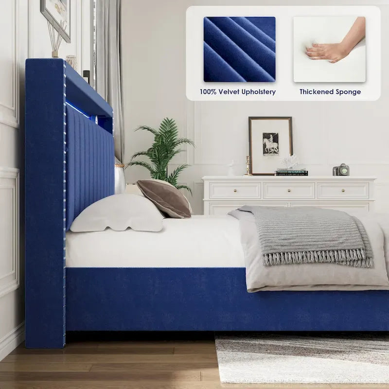 Queen Size Gas Lift Storage Bed with RF LED Lights, Storage Headboard, Queen Size Velvet