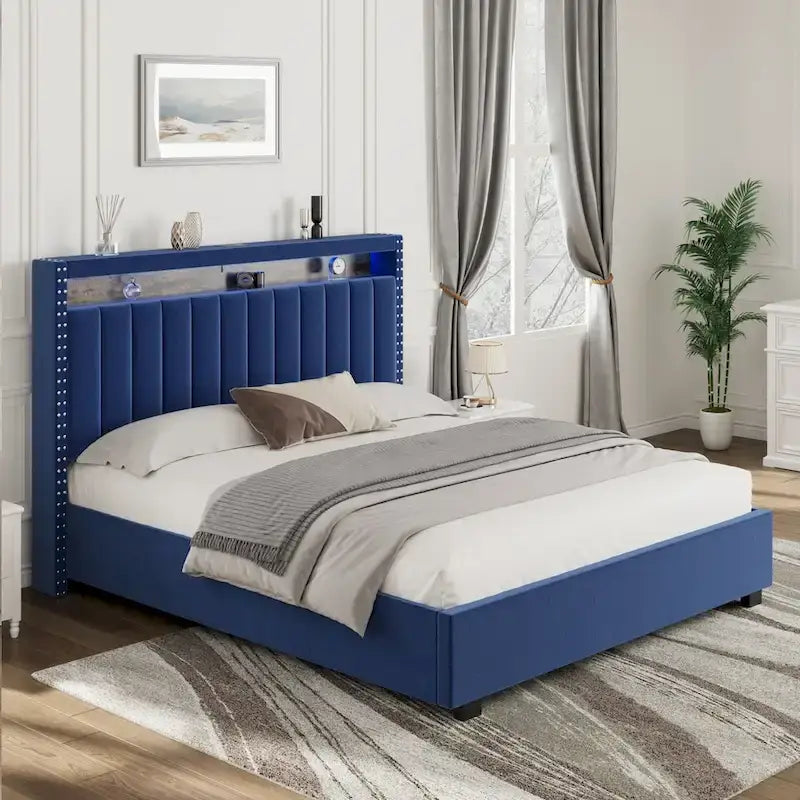 Queen Size Gas Lift Storage Bed with RF LED Lights, Storage Headboard, Queen Size Velvet