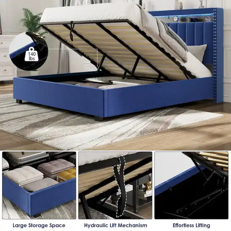 Queen Size Gas Lift Storage Bed with RF LED Lights, Storage Headboard, Queen Size Velvet