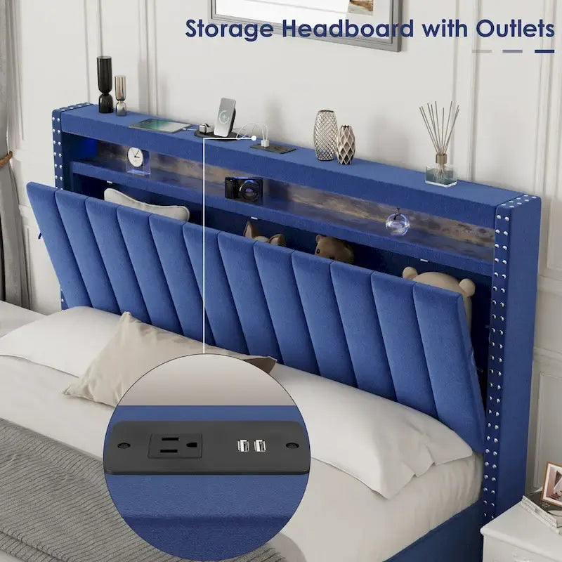 Queen Size Gas Lift Storage Bed with RF LED Lights, Storage Headboard, Queen Size Velvet