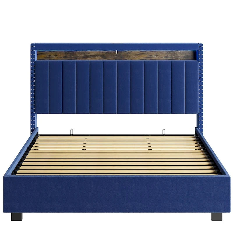 Queen Size Gas Lift Storage Bed with RF LED Lights, Storage Headboard, Queen Size Velvet
