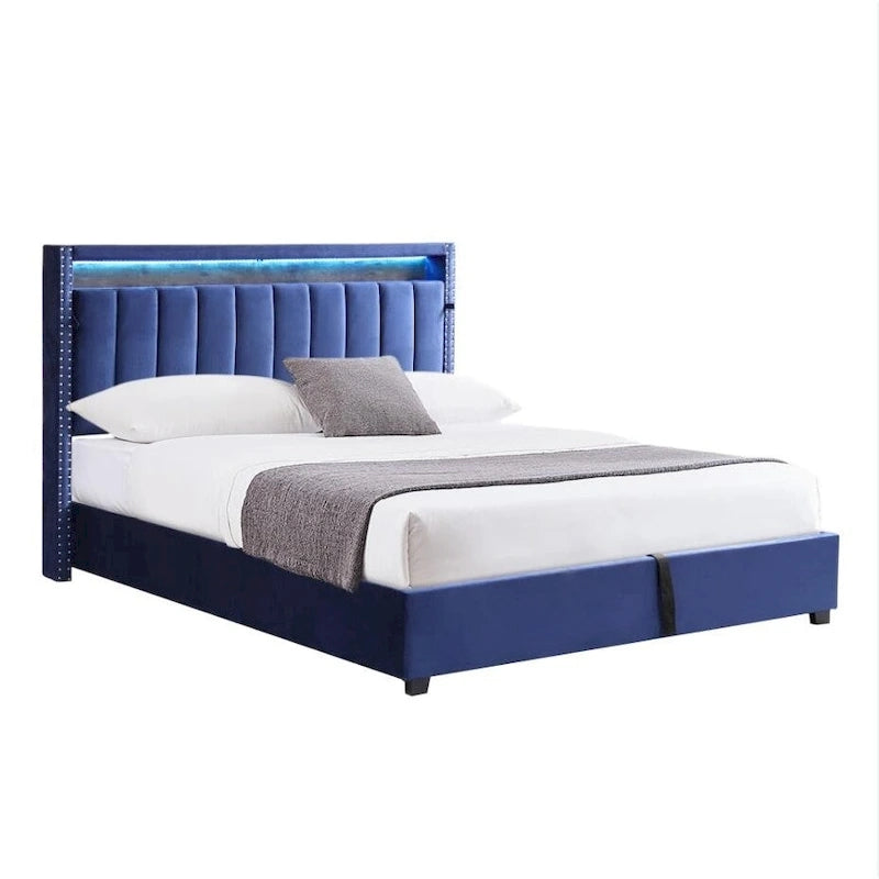 Queen Size Gas Lift Storage Bed with RF LED Lights, Storage Headboard, Queen Size Velvet