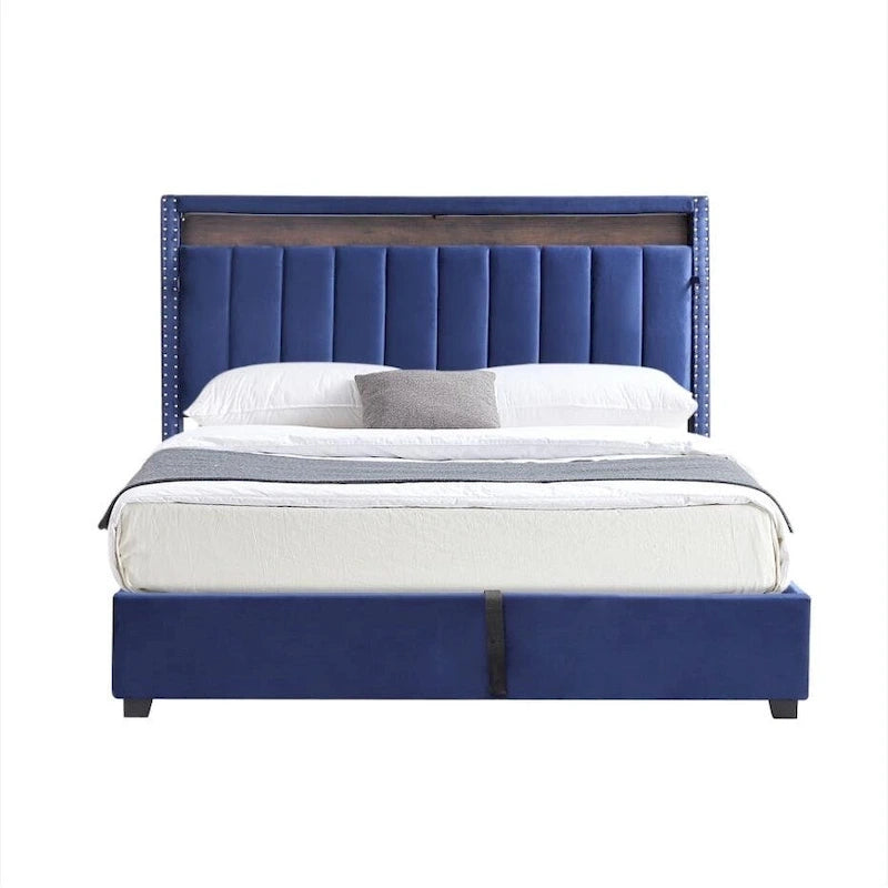 Queen Size Gas Lift Storage Bed with RF LED Lights, Storage Headboard, Queen Size Velvet