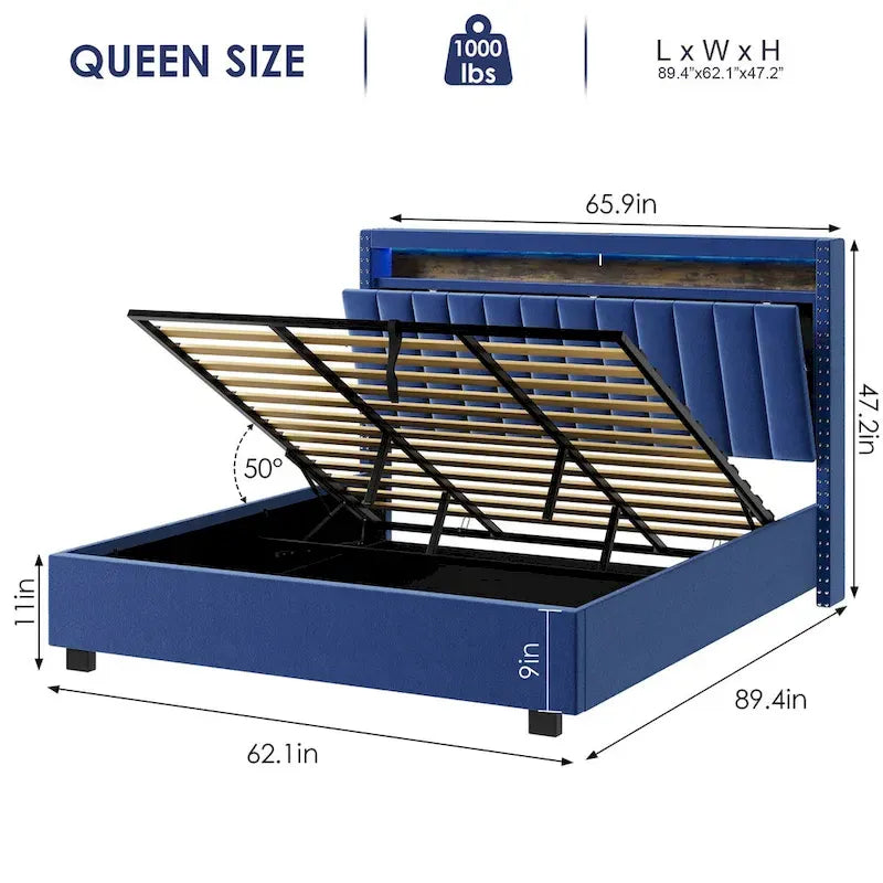 Queen Size Gas Lift Storage Bed with RF LED Lights, Storage Headboard, Queen Size Velvet