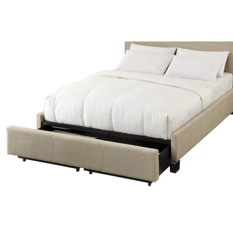 Pax Queen Bed, Storage Footboard, Button Tufted Upholstery, Beige Linen