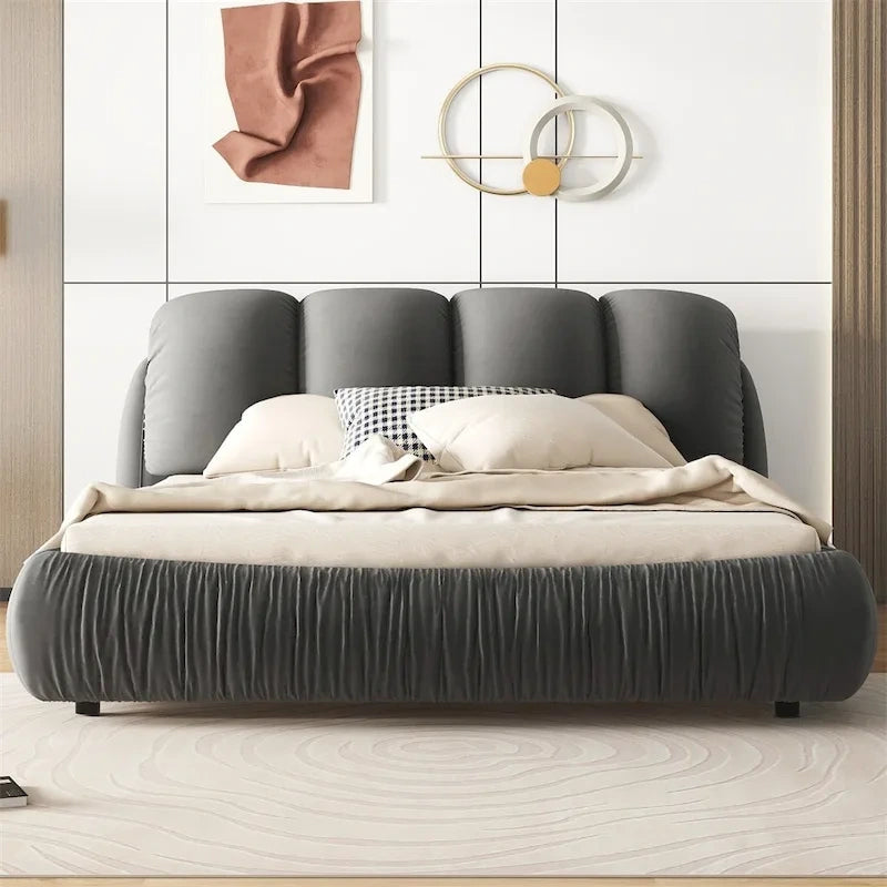 King Size Upholstered Bed w/ Thick Headboard Oversized Padded Backrest