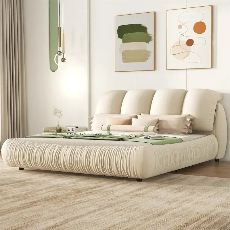King Size Upholstered Bed w/ Thick Headboard Oversized Padded Backrest