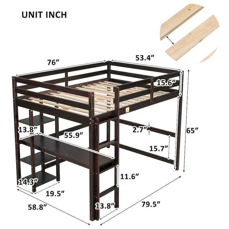 Full Loft Bed with Desk ,Shelves and Ladder