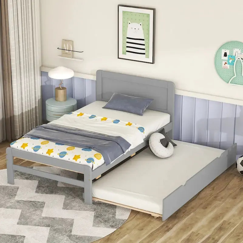 Modern Design Wooden Platform Bed Frame with Trundle