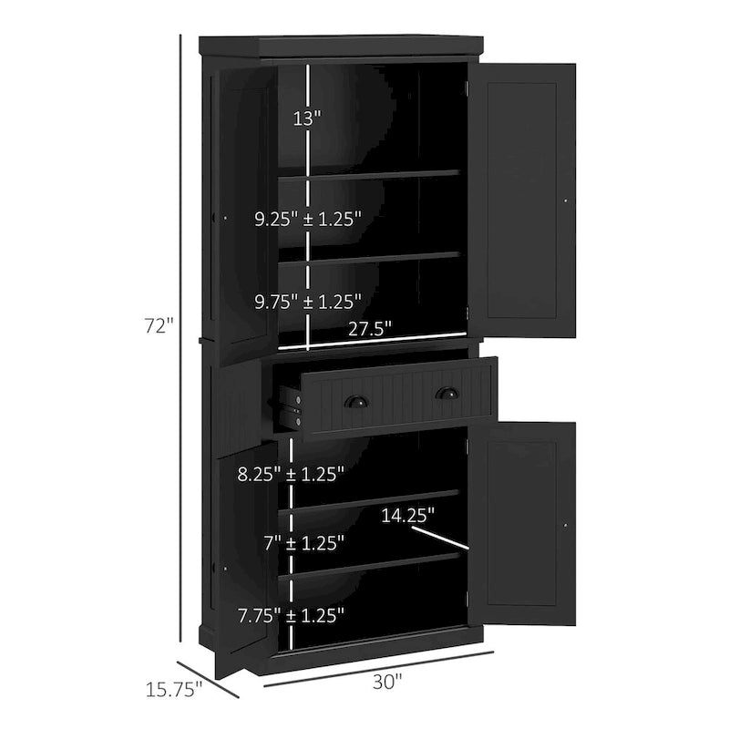 72 Kitchen Pantry, Tall Storage Cabinet, Freestanding Cupboard with Drawer, Doors and Adjustable Shelves