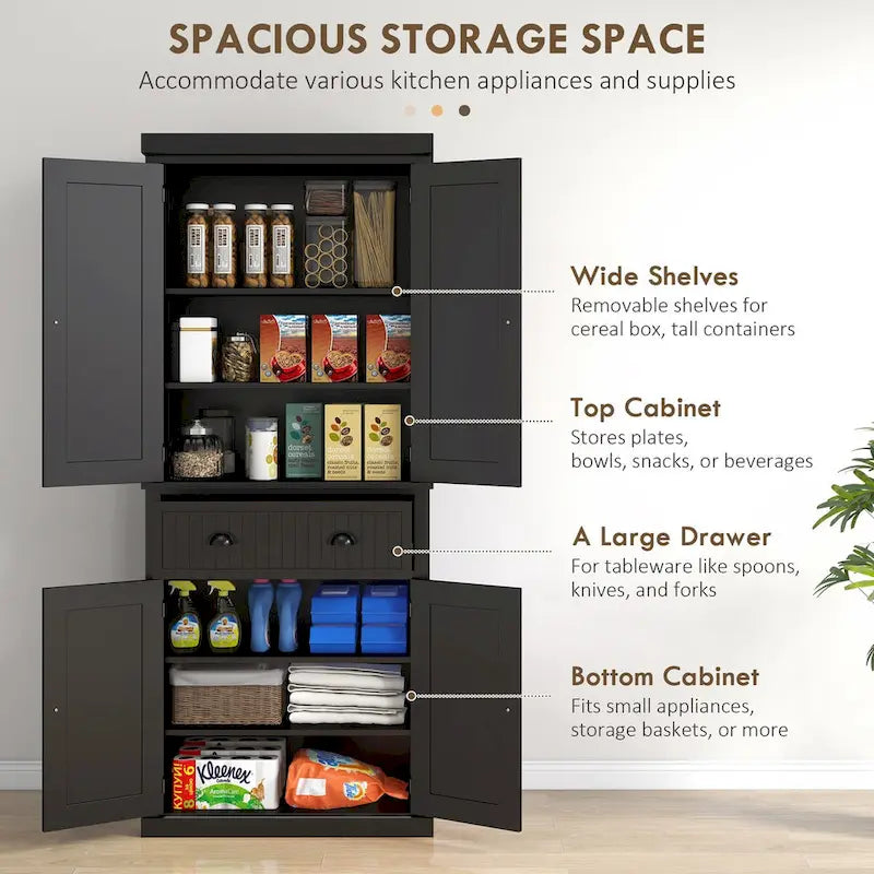 72 Kitchen Pantry, Tall Storage Cabinet, Freestanding Cupboard with Drawer, Doors and Adjustable Shelves