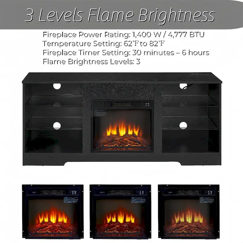 58W Fireplace TV Stand with 18 Fireplace, LED Light, USB Outlet - 58W*15.5D*24.4H
