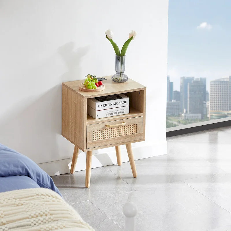 15.75Rattan End table with Power Outlet &USB PortsModern nightstand with drawer and solid wood legs,side table for living room