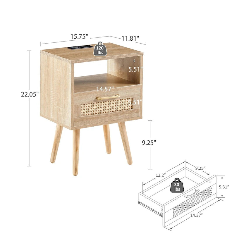 15.75Rattan End table with Power Outlet &USB PortsModern nightstand with drawer and solid wood legs,side table for living room