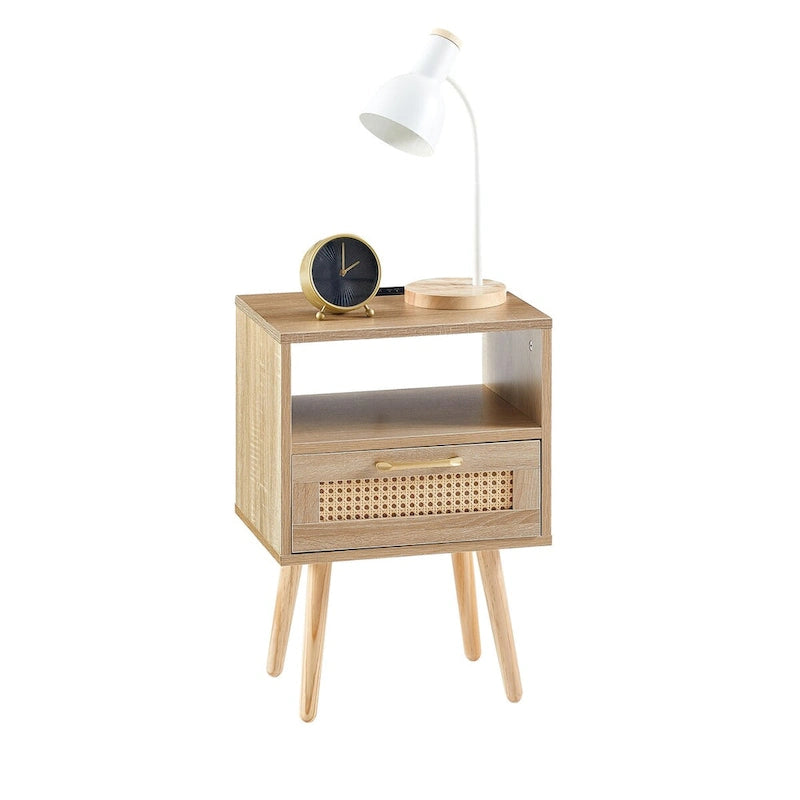 15.75Rattan End table with Power Outlet &USB PortsModern nightstand with drawer and solid wood legs,side table for living room