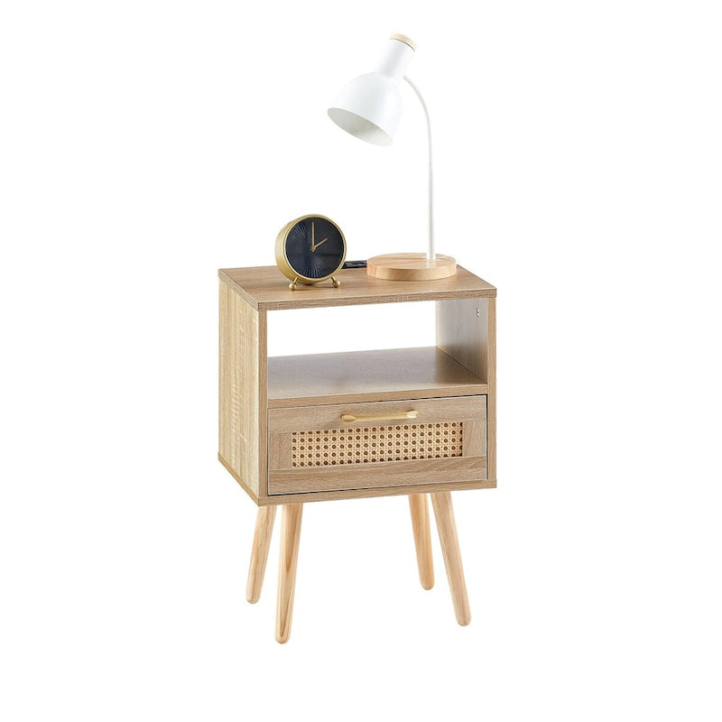 15.75Rattan End table with Power Outlet &USB PortsModern nightstand with drawer and solid wood legs,side table for living room