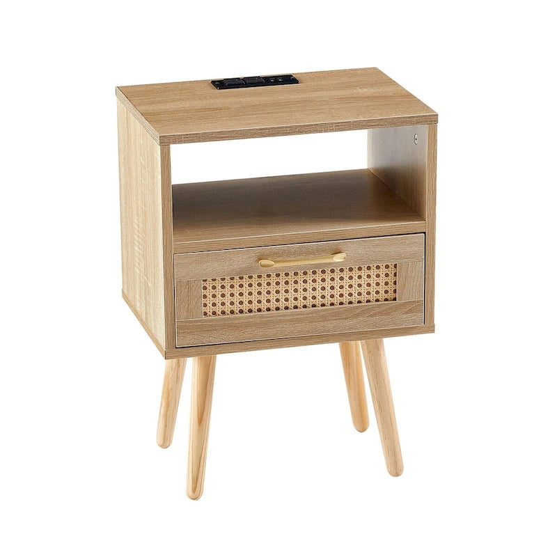15.75Rattan End table with Power Outlet &USB PortsModern nightstand with drawer and solid wood legs,side table for living room