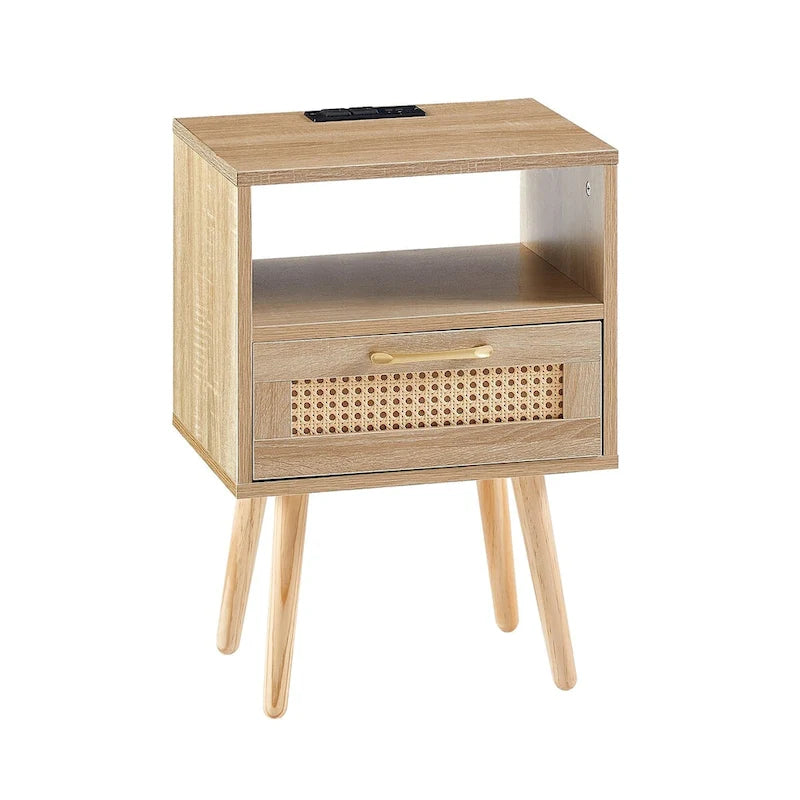 15.75Rattan End table with Power Outlet &USB PortsModern nightstand with drawer and solid wood legs,side table for living room