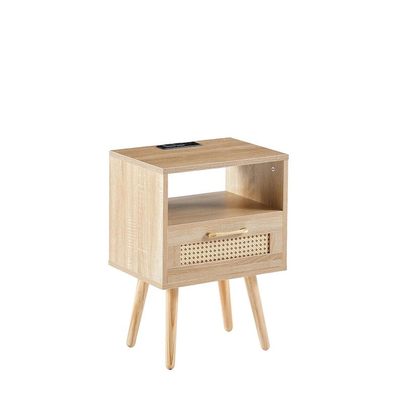 15.75Rattan End table with Power Outlet &USB PortsModern nightstand with drawer and solid wood legs,side table for living room