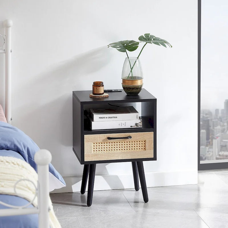 15.75Rattan End table with Power Outlet &USB PortsModern nightstand with drawer and solid wood legs,side table for living room