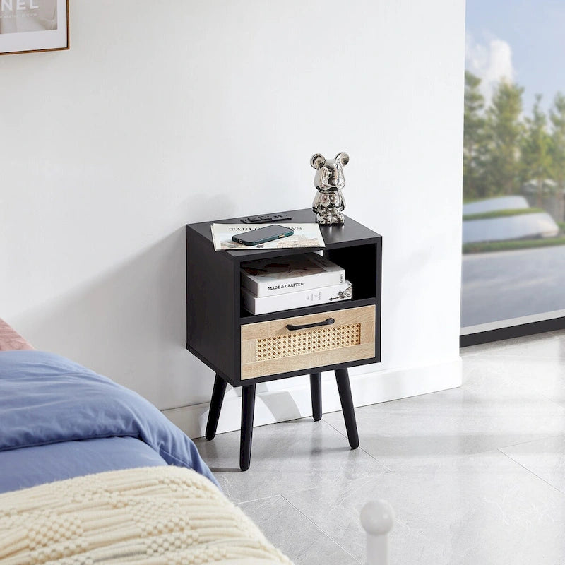15.75Rattan End table with Power Outlet &USB PortsModern nightstand with drawer and solid wood legs,side table for living room
