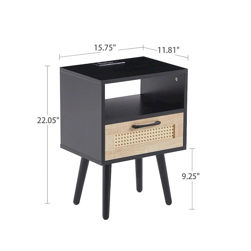 15.75Rattan End table with Power Outlet &USB PortsModern nightstand with drawer and solid wood legs,side table for living room